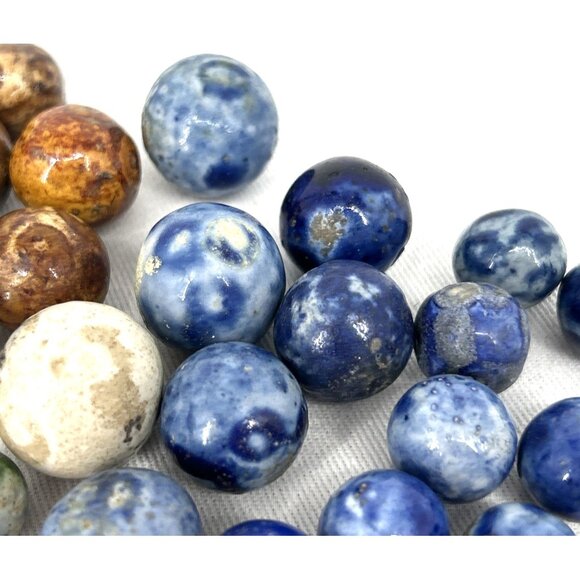 Bennington Marbles 32 Piece Lot Blue Brown Salt Glazed Clay Largest 31mm - Picture 7 of 9